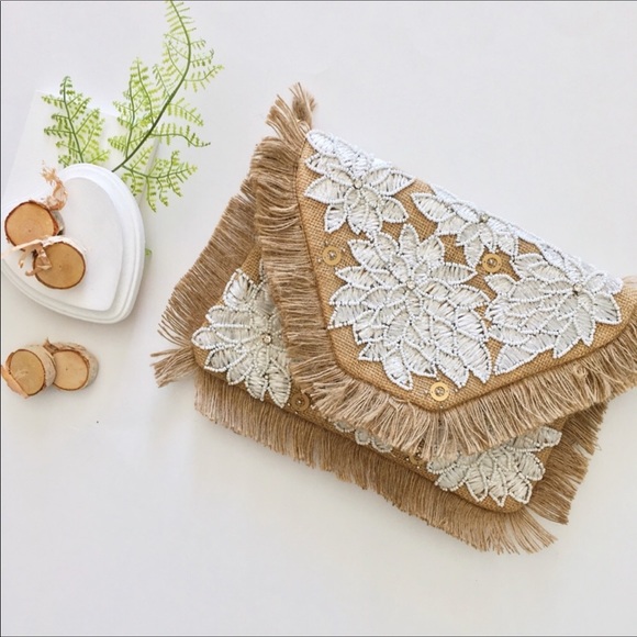 MischkaPu Handbags - Straw Clutch Bag with White  Crochet Detail